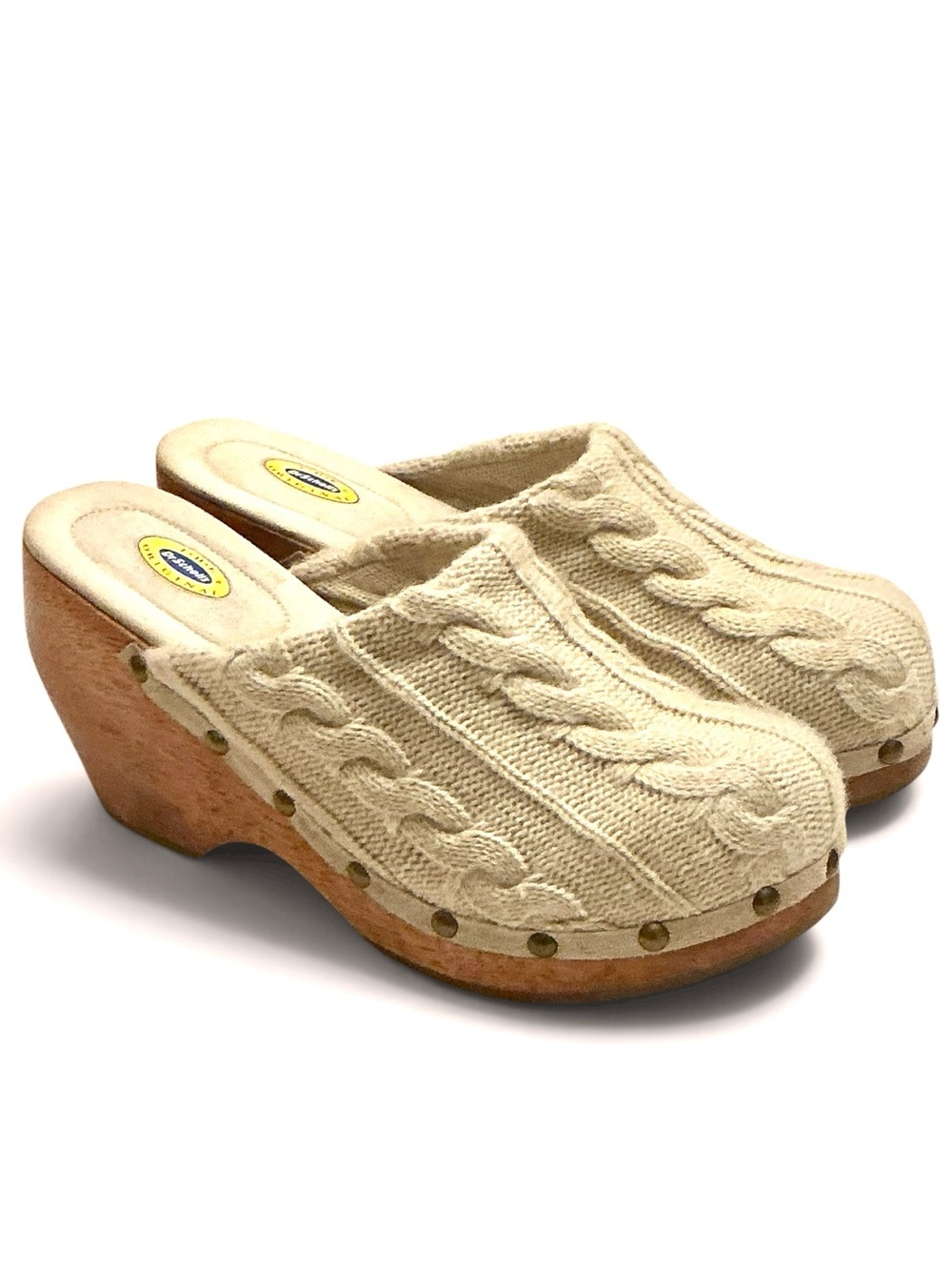 Dr Scholl’s Cardigan Cable Knit Cream Wooden Heel Clog Y2K Boho Retro Style Sz 9